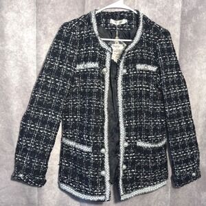 NWT Simply Couture Tweed Open Jacket Women Large Black Pearl White Old Money